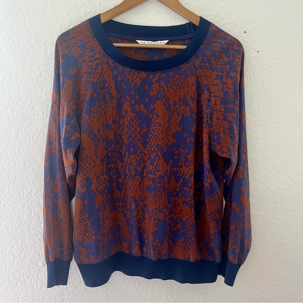 Trina Turk Silk Patterned Long Sleeve Blouse Size Large